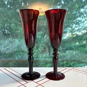 Fifth Avenue Ruby Red Champagne Flutes Set of 2 | Vintage Crystal 9.5”